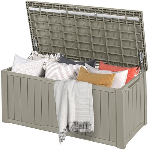 DWVO Gartenbox|870 Liter 143x80.5x79cm|Auflagenbox Aufbewahrungsbox Garten Kissenbox Outdoor Gartentruhe |Wasserdicht Gasdruckfeder|Für Sitzauflagen Gartengeräte & Kinderspielzeug|Hellbraun