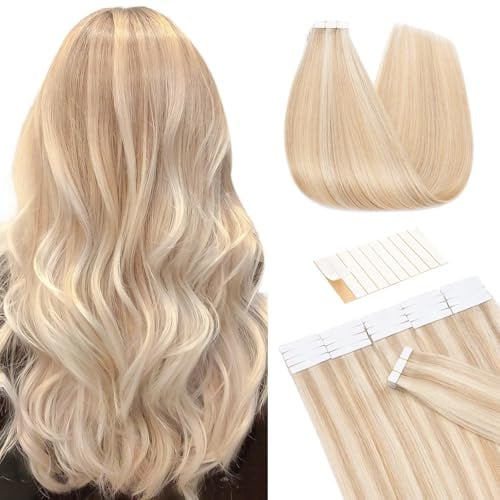 TESS Invisible Tape in Hair Extensions Real Human Hair 20PCS Hair Loss Cover or Highlights Reusable Glue Tape Hair Pieces for Women UK #18P613 Ash Blonde & Bleach Blonde 22 Inch 50g