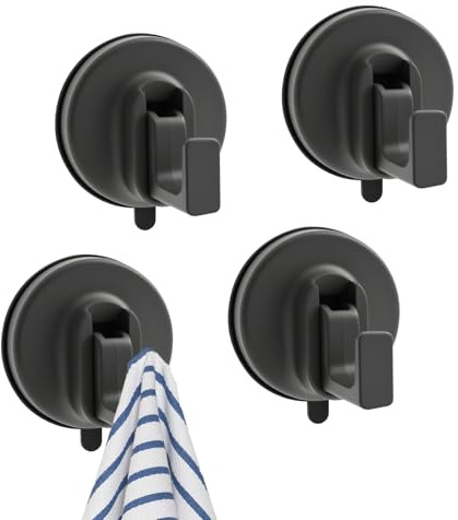 Lot de 4 crochets à ventouse noirs pour salle de bain, vêtements, placards, éponges, peignoirs, sans perçage, porte-serviettes robustes pour douche, salle de bain, cuisine, porte en verre, fenêtre