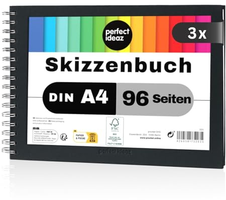 perfect ideaz - 3er Set Skizzenbuch DIN-A4 Quer, Spiralbindung, FSC® zertifiziert, 96 Seite (48 Blatt), Hardcover Schwarz, Sketchbook, 200 g/m² dickes Papier, säurefrei (3 Bücher)