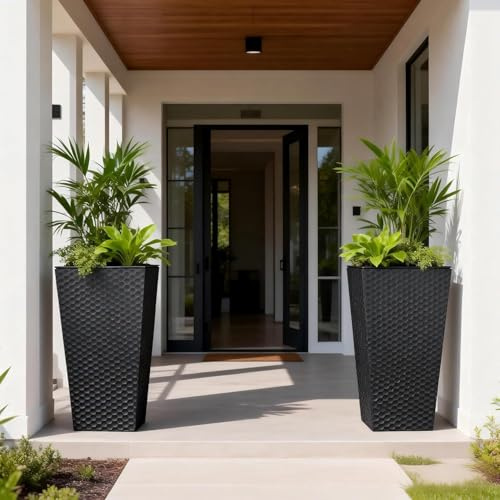 Sziqiqi Metall Pflanzkübel Hoch Outdoor: 55 cm Hoch Schwarz Garten Blumentopf Gross Draussen Set aus 2 mit Innentopf – Pflanzkübel Groß Außen für Deko Eingangsbereich Aussen Balkon Terrasse