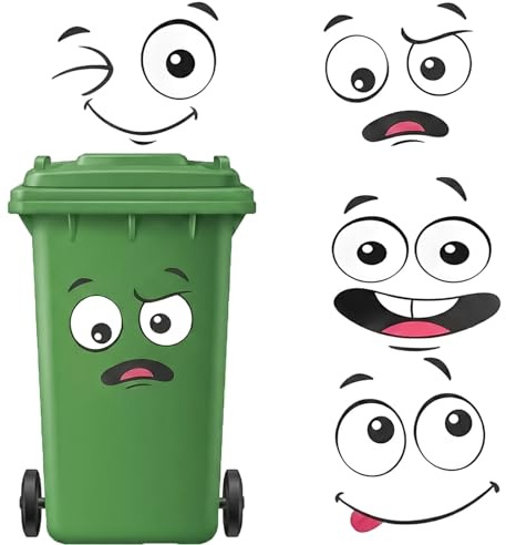 ZhuPu 8 Pack Wheelie Bin Stickers, Large Self-Adhesive Decals with Cartoon Faces for Trash Cans, Indoor & Outdoor