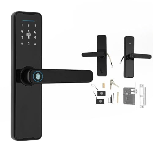 Cerradura de puerta inteligente, cerradura inteligente electrónica de 5 en 1 con huella dactilar+código+tarjeta+llave+contraseña temporal, control por aplicación TUYA, para puertas de 30-50mm (negro)