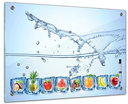 Bilderdepot24 Memoboard 60 x 40 cm | Küchenmotive | Eiswürfel mit Wasserspritzer | abwaschbare Glas-Magnettafel mit Halterung Magneten Stift 1322a