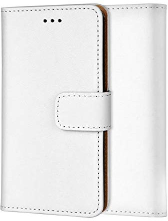 ameego MK-209 Premium Genuine iPhone 7/8/SE2/SE3 Real Leather Flip Wallet Magnetic Kickstand Slim Book Case with Card Slot + Free Screen Protector (White)