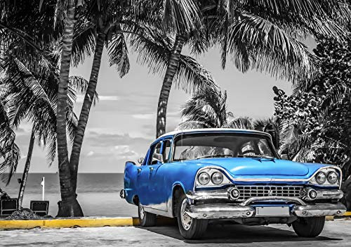 Forwall Fototapete Vlies Wanddeko Auto Oldtimer - Blau Strand Palmen Kuba Havanna Vliestapete Wand Tapete Moderne Wohnzimmer Schlafzimmer Wanddekoration 13335VEXL 208cm x 146cm