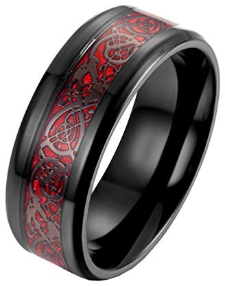 HIJONES Herren Damen Gotisch Punk 8MM Rot Kohlefaser Keltisch Drachen Hochzeitsring Schmuck aus Edelstahl für Kinder Schwarz Größe 52