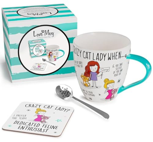 Love Mug®: A Funny Gift for A Crazy Cat Lady, Featuring A Large Cat Mug with A Printed Message Inside, A Coaster and an Engraved Teaspoon. Beautifully Packaged. Award Winning Retailer