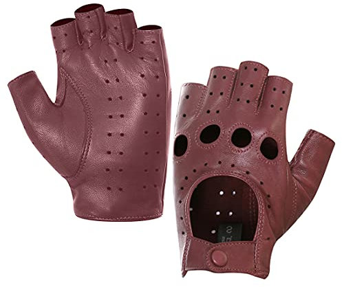Harssidanzar Damen Halbfinger Lederhandschuhe für fahren Fingerlose Lammfell ungefüttert HandschuheGL012, Burgund,Größe M