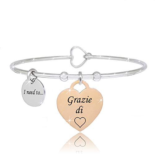 SAGA GIOIELLI® BRACCIALE RIGIDO DONNA FRASI PENSIERI PAROLE EMOZIONALE INCISIONE ACCIAIO CUORE ROSE' (Grazie di cuore)