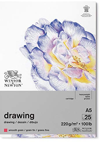 Winsor & Newton 6689740 Zeichenpapier im Block - 25 Blatt A5, 220g/m²,feine Körnung, natürliches Weiß, säurefrei in archivierbarer Qualität, Alterungsbeständig für Fineliner, Tusche, Buntstift