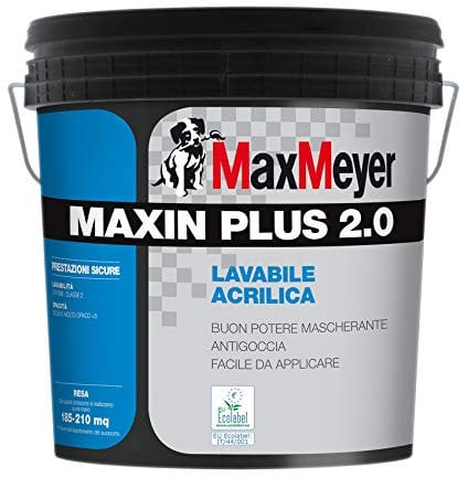MAX MEYER PITTURA MURALE IDROPITTURA A BASE ACRILICA Maxin Plus 2.0 ECOLOGICA Certificata EcoLAbel PER INTERNI BIANCA LT. 4