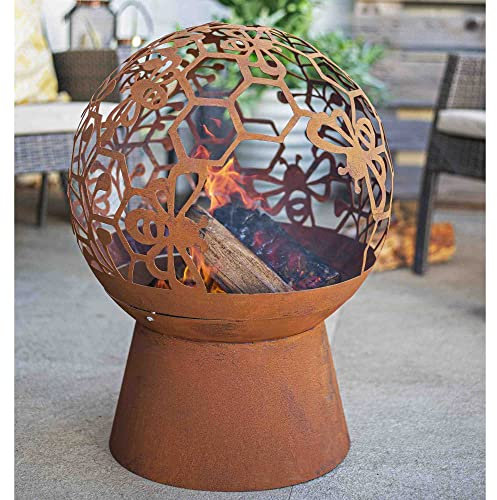 La Hacienda Honey Bee Rost Feuerkorb - Feuerkorb für den Garten - Feuertonne & Feuerstelle - Feuerschale Feuerkorb aus stabilem Stahl - Mit Grillrost & Schürhaken zum Kochen - 50x50x65.5 cm