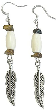 Ohrringe Ohrhänger Indianerschmuck Westernschmuck Feder Knochen Bein Edelsteine Handarbeit (Tigerauge)