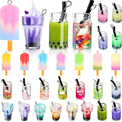 Yalikop 40 Pieces Resin Ice Cream Cup Milk Tea Charms Colorful Bubble Tea Charms Glass Fruit Ice Lolly Sundae Mini Bottle Pendants for DIY Jewelry Crafts Earring Necklace Hanging Keychain Bag Decor