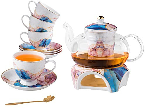 Jusalpha Fine China Rainbow Galaxy Series glass tea pot with Infuser-teapot warmer, teacup and saucer set- with spoon in gift box- 16 pcs in 1 set, (FD Glass pot set 08)