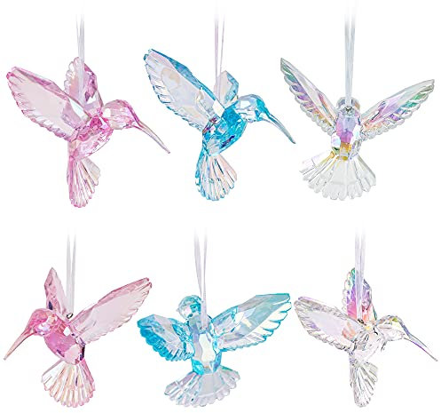 6 Stück Kolibri Ornamente Acryl Kolibri Figuren Große Kristallanhänger Glänzend Schillernd Lila Blau und Klar Vogel Dekoration