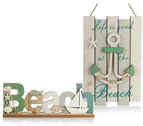 COM-FOUR® Set da 2 pezzi decorazione marittima in legno - decorazione sospesa e decorazione da tavola - supporto e appendiabiti in legno (2 pezzi - appendiabiti + supporto verde-blu)