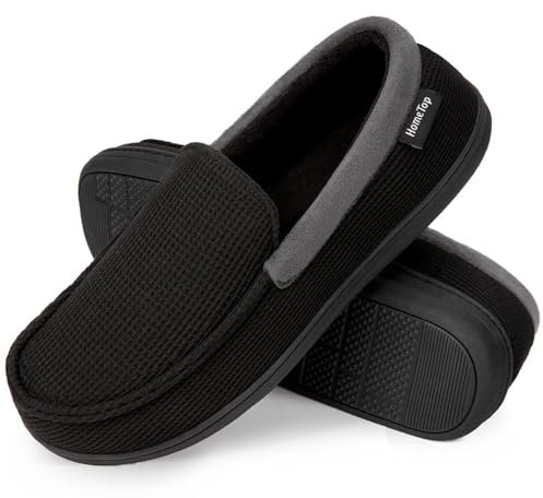 EverFoams Herren Mokassin Pantoffeln Atmungsaktive Komfort Memory Foam Frottee Hausschuhe mit Anti-Rutsch-Gummisohle,Dunkelschwarz,45 EU