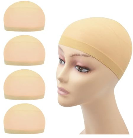 4 Stück Perückenkappen Stretch Nylon Perückenstrumpfkappen für Frauen Männer Kinder (Nylon Wig Cap, Beige)