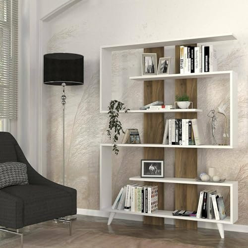 Dmora Libreria Gienah, Scaffale da Ufficio, Mobile portalibri, Biblioteca, 120x20h162 cm, Bianco e Noce