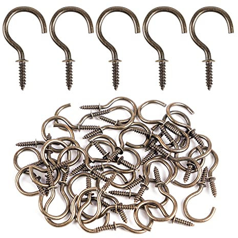 GODLOVEM 40 Pieces Antique Brass Metal Screw-in Ceiling Hooks Cup Hooks, 1.46 Inch, Bronze