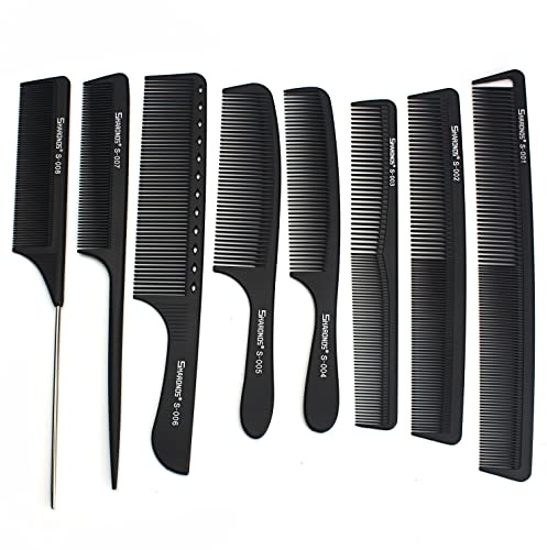 Weiß/Schwarz Salon Profi Barbier 8 Set(Schwarz) | Friseure bevorzugt, Carbon Kamm Hitzebeständig Antistatisch Haarkamm
