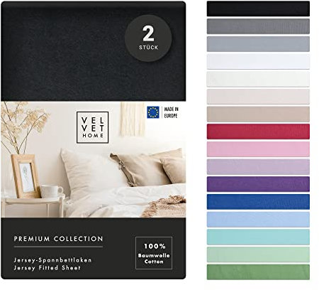 VelvetHome Doppelpack Spannbettlaken 140x200cm 100% gekämmte Baumwolle Made in EU Jersey Bettlaken 140x200 bis 25 cm Matratzenhöhe Spannbetttuch 140x200 Premium Qualität Schönen Farben Schwarz