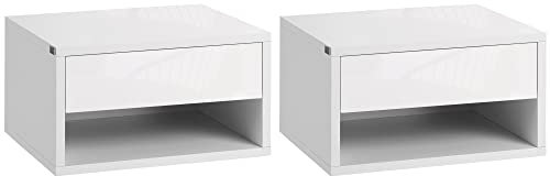 HOMCOM Floating Bedside Tables Set of 2, Wall Mounted Nightstand with Drawer and Open Shelf for Bedroom, High Gloss White