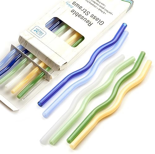 GET FRESH Gewelte Lot de 6 pailles en verre, réutilisables, en verre borosilicate incassable, lavables au lave-vaisselle, pour cocktails