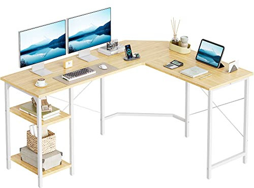 CubiCubi L-förmiger Schreibtisch mit Regalen, 150x120 cm, Eckschreibtisch, L-förmiger Gaming-Schreibtisch, Homeoffice-Schreibtisch, Hellbraun