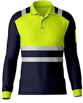 Mens High Visibility Reflective Tape Hi Vis Safety Workwear Polo Shirt Long Sleeve Tee Contrast Tshirt Top Yellow Navy
