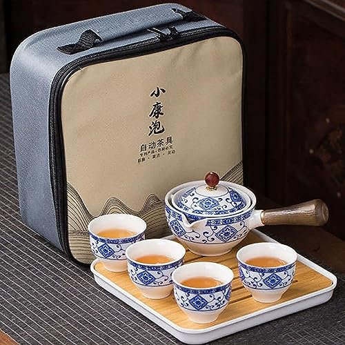 Scizorito Keramik Portable Travel Tee Set, chinesischer Kungfu Tee Set mit 360-Rotation Teekanne und Infuser, 4-Teetassen, Tee Tablett und Reisetasche (Weiß Gemustert)
