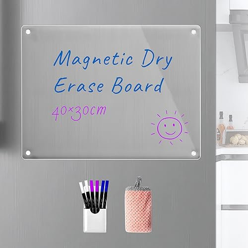 SENSING Acrylic Magnetic Calendar for Fridge, Clear Dry Erase Memo Whiteboard Refrigerator with Strong Magnets Includes 6 Markers 3 Colors/Magnetic Pen Holder/Towel, 40X30cm