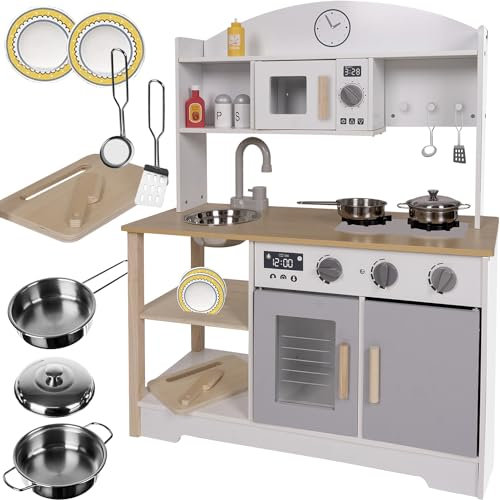 KRUZZEL Kinderküche Weiß/Beige/Grau - Spielküche Zubehör Lehrreich - Essensspielzeug für Jungen und Mädchen ab 3 Jahren - Realistischen Details Mit Wasserhahn, Kühlschrank, Mikrowelle, Backofen 21933