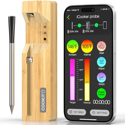 COOKIT Wireless Smart Termometro Cucina, 100m Bluetooth 5.3 Termometro di Carne Barbecue, Controllo App Ipx7 Termometro Alimentare Per Barbecue Grill, Affumicatore, Forno, Rosticceria, Airfryer