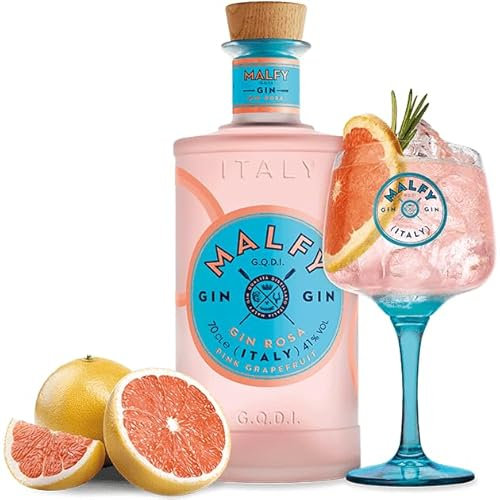 Gin MALFY Pompelmo Rosa + Bicchiere ORIGINALE - Gin Italiano Mediterraneo, Pompelmo Rosa, Arancia Rossa, Limone Amalfi - Bicchiere ufficiale Goblet Glasses