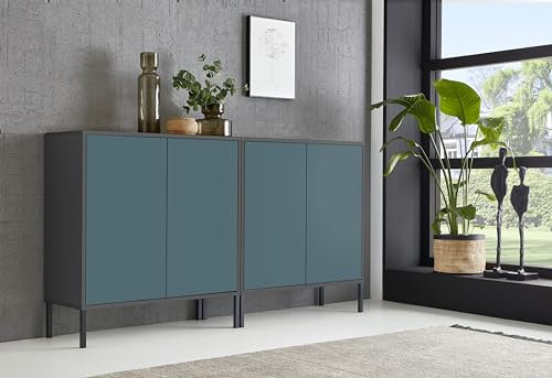 BMG Möbel Sideboard Mailand Set 2, grifflos, Metallfüßen, Anthrazit/Petrol
