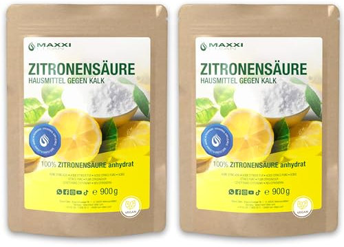Maxxi Clean | 2x 900 g Zitronensäure Pulver in Lebensmittelqualität | Made in Germany | Hausmittel für Küche, Haushalt & Kosmetik | Citronensäure (100% Reinheit) | Säuerungs,- und Konservierungsmittel