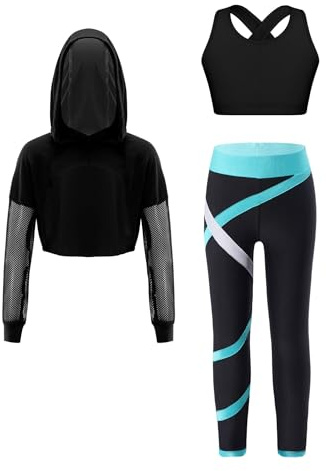 FEESHOW Kinder Trainingsanzug Mädchen Sport BH Und Leggings Set Mit Hoodie Kinder Workout Sport Outfit Jazz Dance Tanzkleidung Hip Hop Kleidung