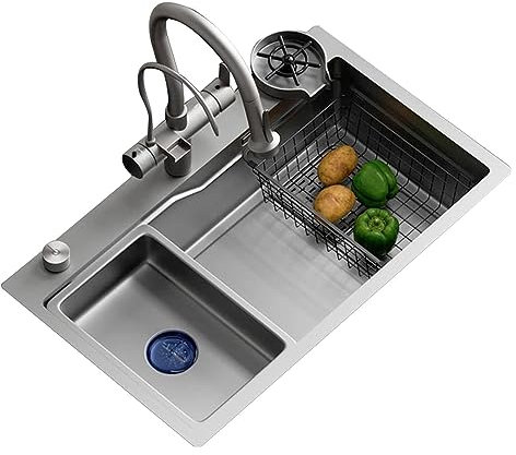 Fregadero de cocina, fregadero de cascada, fregadero de lavavajillas de un solo tazón con junta de vidrio, adecuado para cocina, bar, restaurante (72 x 45 x 22 cm)