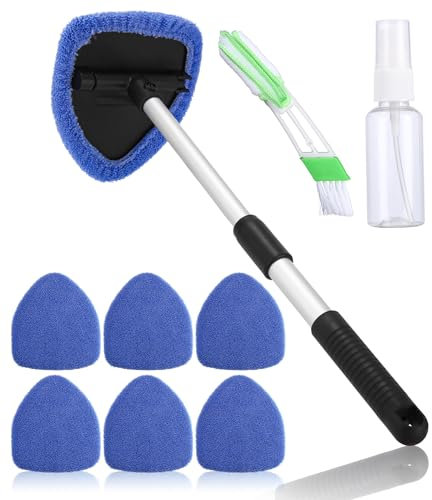 Nettoyant pour Pare-Brise,Brosse de Nettoyage de Pare-Brise,Nettoyage pare brise intérieur,Nettoyage de Pare-Brise avec Poignée Télescopique avec Poignée Pivotante à 180°et 6 Tampons Lavables,Bleu