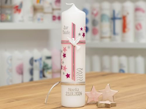 meinkerzenshop Taufkerze Noelia personalisiert mit Name und Datum, individuell und mit Echtwachs handverziert für Junge und Mädchen