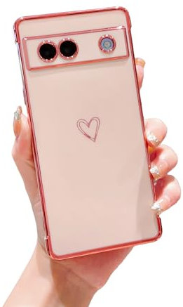 Knoowcase for Google Pixel 7a Case Google Pixel 7a Phone Case for Girls Women Shockproof Flexible Silicone Bumper Lens Protection Luxury Plated Gold Heart Slim Anti Scratch Phone Cover, Pink