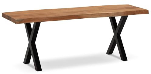 FineBuy Garderobenbank 120x40x45,5 cm Akazie Massivholz/Metall mit Baumkante, Sitzbank Flur Holzbank Massiv ohne Lehne, Flurbank Modern Eingangsbereich Klein X-Beine Schwarz