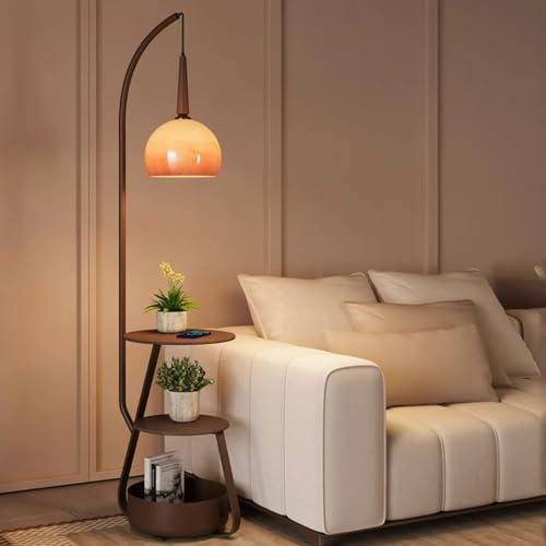 Wylolik Lampadaire Multifonctionnel Moderne Lampes sur Pied Nordiques avec 2 Tables et 1 bac de Rangement Lampe Verticale avec Abat-Jour en Verre Orange Lampadaires sur Pied Pratiques Luminaire