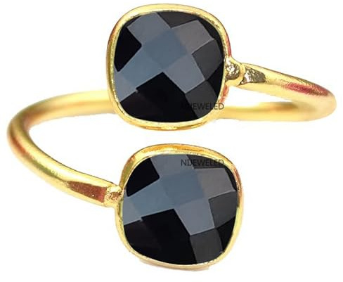 18K Yellow Gold Over 925 Sterling Silver Stylish Statement Ring for Women & Girl, Gemstone Dainty Ring, Fine Jewelry Christmas Gift (Adjustable upto Size 9 to Size 12, Black Onyx)