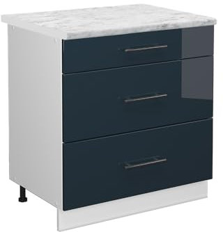 Vicco Küchenschränke Fame-Line, Dunkelblau Hochglanz, 80 cm mit 3 Schubladen, AP Marmor