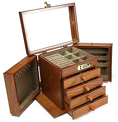 MINRS Schmuckkästchen, Schmuckaufbewahrung, Passwort-Schloss, Rustikales Holz Groß Schmuckkasten Organizers mit Spiegel, 4 Ebenen Schmuckbox für Ringe, Ohrringe, Halsketten, Armbänder (Braun)