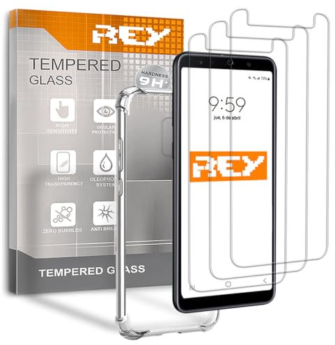 REY Pack 3X Pellicola salvaschermo e Cover Anti-Shock per Samsung Galaxy J6 2018, Vetro temperato e Silicone TPU ad Alta Resistenza